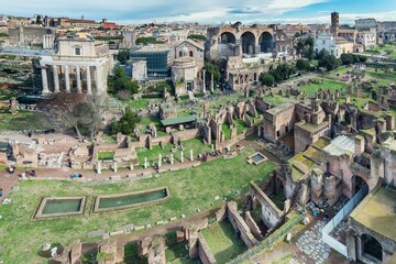 The Roman Forum or Foro Romano, with the ruins of ancient Roman Empire government buildings, as the...