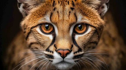 Obraz premium Close-up portrait of a serval cat with intense amber eyes, detailed fur texture, and sharp focus.
