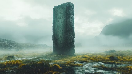 Mysterious stone monument in a misty, mountainous landscape.