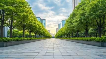 A paved pathway lined with lush green trees leading to modern skyscrapers under a partly cloudy sky.