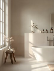 Modern Minimalist Bathroom with Freestanding Tub, Large Windows, and Elegant Fixtures Featuring Natural Light and Stylish Decor.