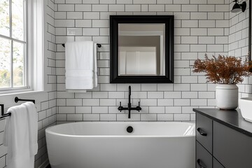 Modern Bathroom Design with Subway Tiles, Black Fixtures, and Minimalist Decor Featuring a Wall-Mounted Sink, Large Mirror, and Stylish Accessories.