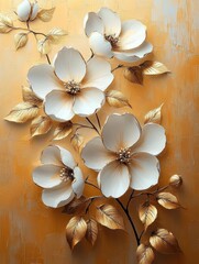 Abstract White Flowers with Golden Leaves on Textured Gold Background Oil Painting