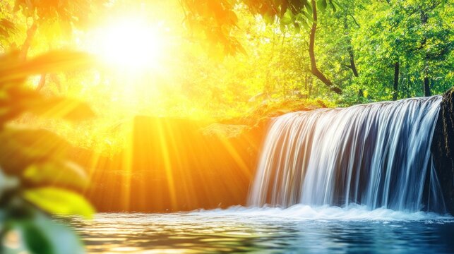 Sunlit waterfall cascading into a tranquil pool, surrounded by lush green foliage.