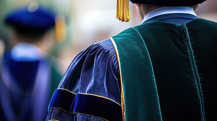 Rear view of a graduate in academic regalia at commencement ceremony.