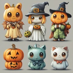 A set of various (Halloween Cartoon Set) in full detail, isolated on a transparent background. 