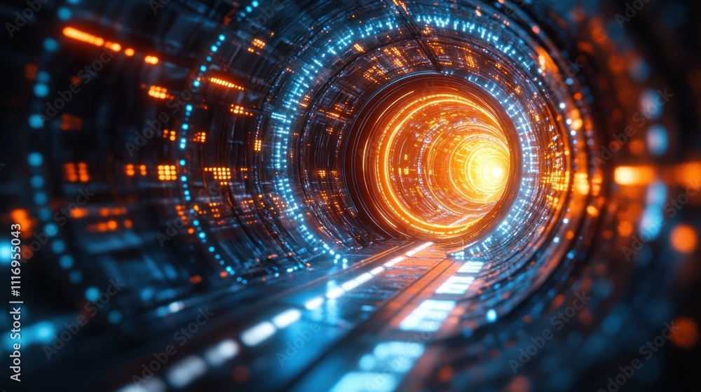 Poster futuristic cyberpunk camera lens background with dynamic motion blur and glowing effect
