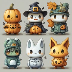 A set of various (Halloween Cartoon Set) in full detail, isolated on a transparent background. 