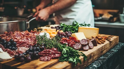 Obraz premium Gourmet charcuterie board with various meats, cheeses, grapes, and nuts, prepared by a chef in a professional kitchen.