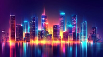 Obraz premium Vibrant neon cityscape reflected in water at night.