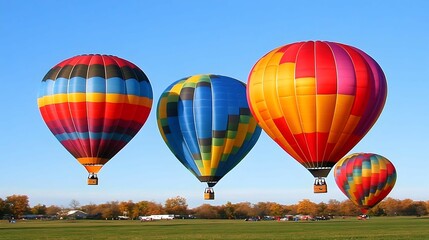 Obraz premium Four colorful hot air balloons ascend against a clear blue sky over a green field with autumn trees and spectators.