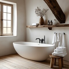 Serene Bathroom with Freestanding Tub, Wooden Shelves, and Natural Decor Elements. Cozy and Spa-Like Atmosphere with Plants and Wicker Baskets Illuminated by Natural Light.