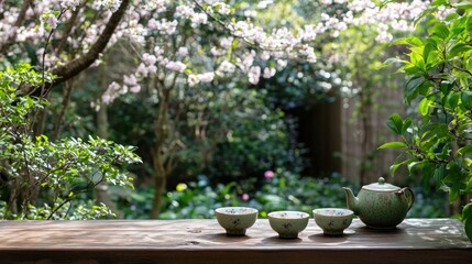 Tea set on wooden table with blooming flowers background.