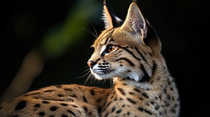 Obraz premium Close-up of a Eurasian lynx in profile, illuminated by golden light against a dark background.