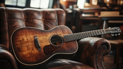 Fototapeta premium Acoustic guitar resting on a brown leather armchair in a vintage room.