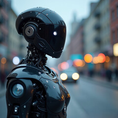 Fototapeta premium Retrato robot autónomo con inteligencia artificial color negro en una ciudad