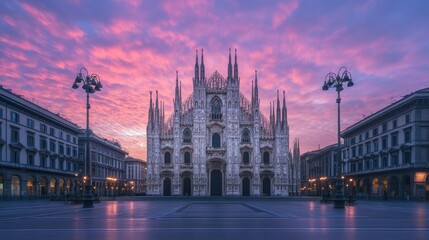 Fototapeta premium Majestic Milan Cathedral at sunrise, showcasing its Gothic architecture and the serene square.