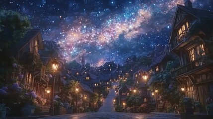 Obraz premium Magical night scene of a quaint village under a vibrant, starry sky.