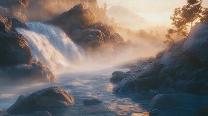 Fototapeta premium Misty Waterfall at Sunrise: A Serene Landscape