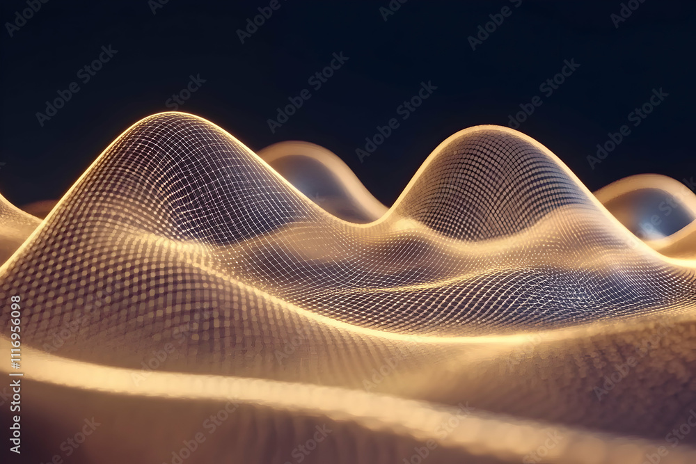 Poster abstract golden wave grid pattern on dark background.
