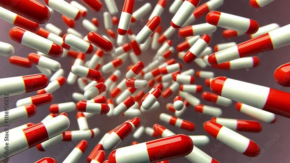 Aufkleber dynamic swirling of red and white capsules creating a vivid 4k visual experience in a digital space
