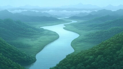 Obraz premium Serene River Winding Through Lush Green Mountains