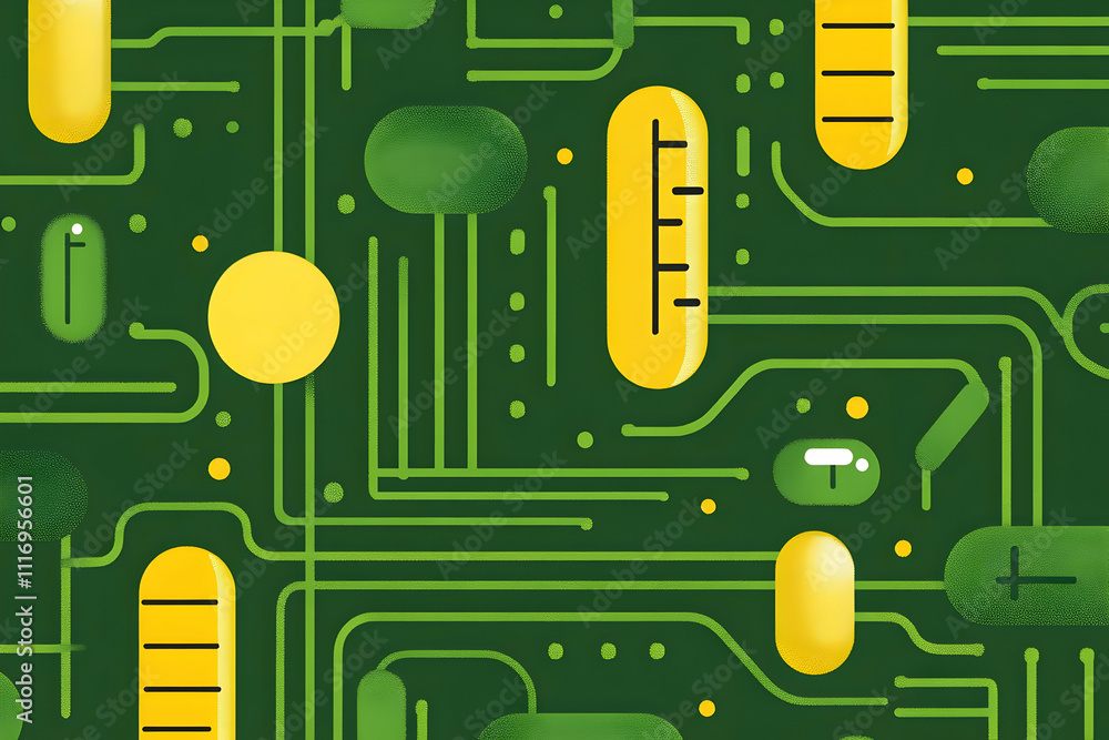 Poster abstract green tech background with yellow capsules and circuit lines.