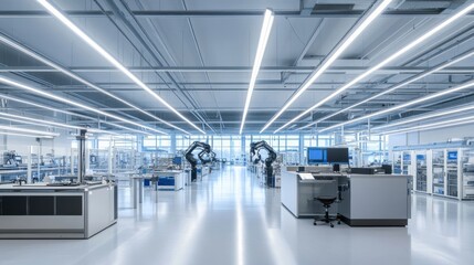 Fototapeta premium Modern High-Tech Factory Interior with Robotic Arms and Sleek Design