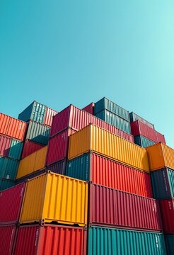 Colorful Cargo Containers Create a Geometric Masterpiece: Industrial Photography of Stacked Shipping Containers at Port with Vibrant Colors and Clear Blue Sky 