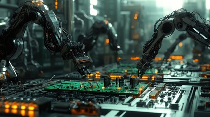 Obraz premium Futuristic Robotic Assembly Line: Advanced Automation in Microchip Manufacturing