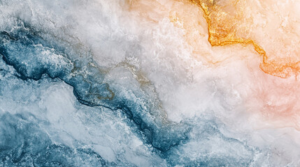 Fototapeta premium Abstract marbled background in vibrant shades of orange, blue, and white with smooth textures