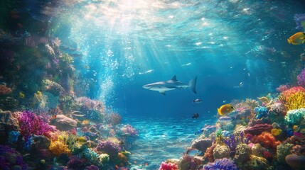 Fototapeta premium Shark swimming in vibrant coral reef ocean