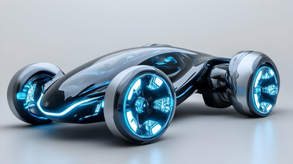 Futuristic black electric concept car with glowing blue accents, sleek design, and large wheels on a light gray background.