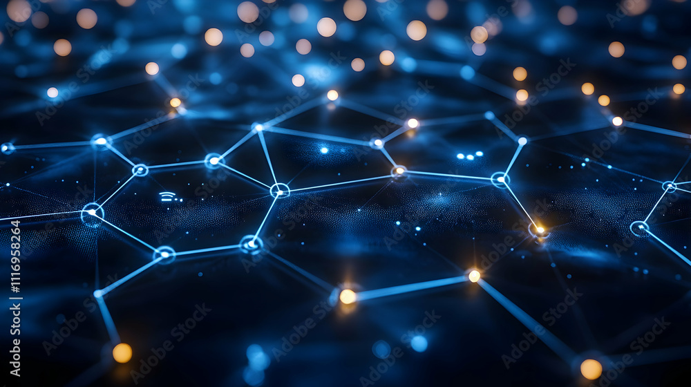 Poster abstract network connection background with glowing nodes.
