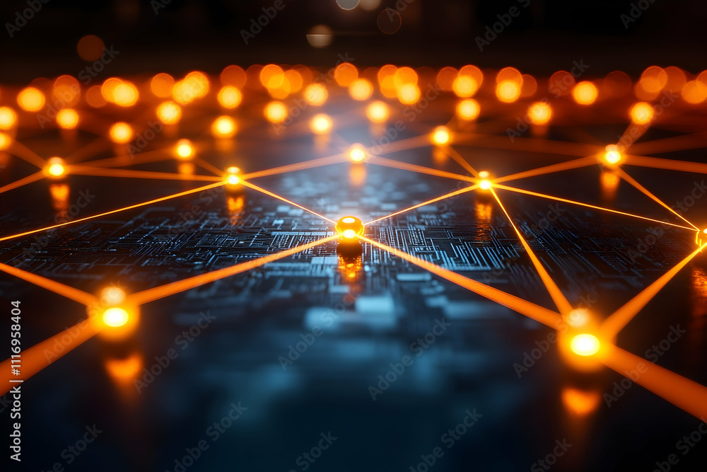Poster abstract network connection, glowing nodes and lines on dark circuit board.