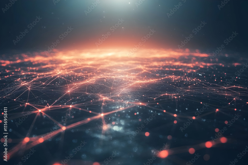 Poster abstract network connection, glowing nodes and lines.