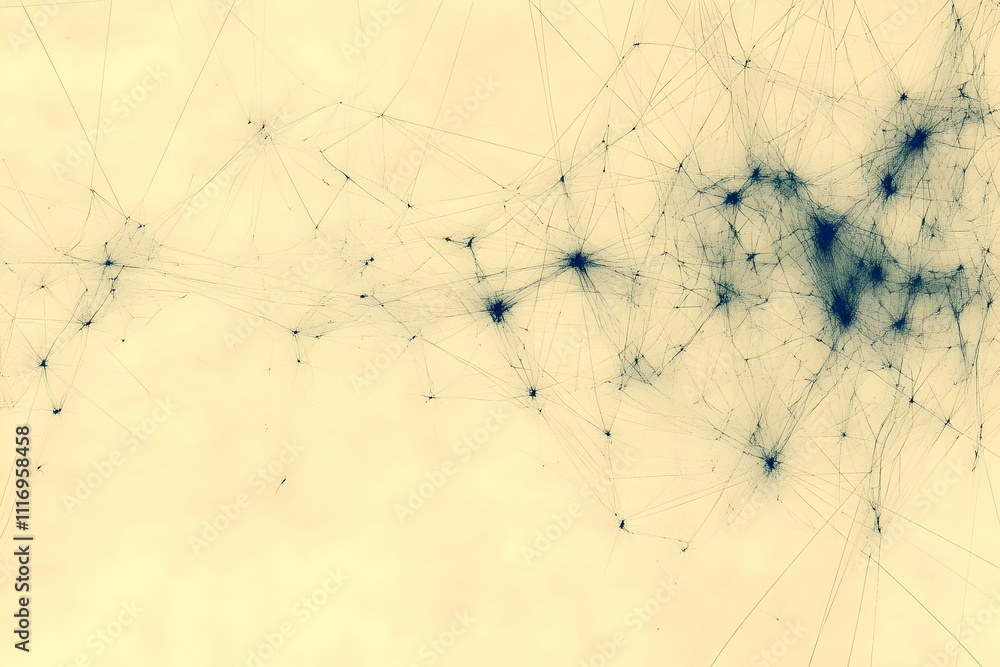 Poster abstract network connection lines and nodes on beige background.