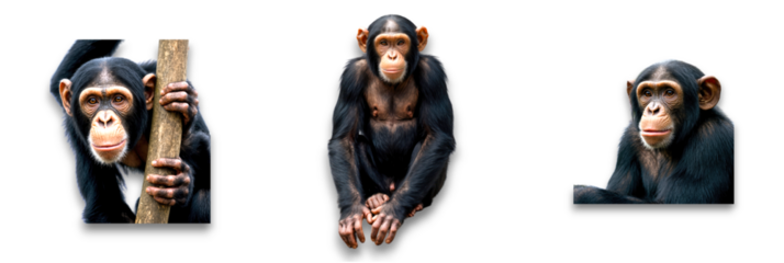 Charming chimpanzee portraits isolated on transparent background