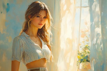 Senior Woman in Striped Shirt Using Glucose Monitor at Home for Diabetes Management