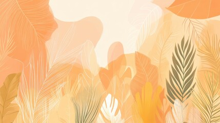 Abstract autumnal foliage background with warm orange and beige tones, featuring various stylized leaves and plants.