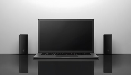 Fototapeta premium A minimalist workspace featuring a laptop and speakers on a sleek desk.