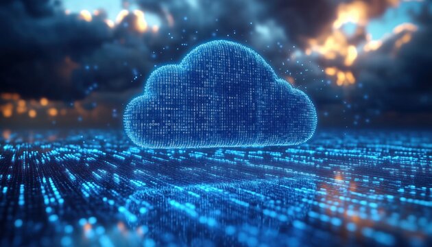 Modern cloud computing icon with binary code and glowing cloud layers