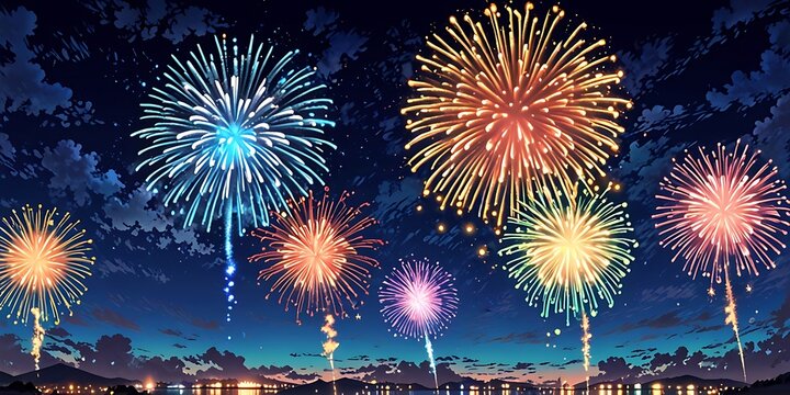 Anime cartoon style, Abstract colored fireworks background with beautiful fireworks lighting up the night sky. Bokeh effect