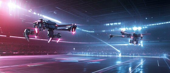 Two futuristic drones in a high-tech arena, showcasing advanced technology and competition.