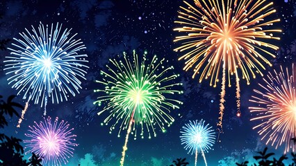 Fototapeta premium Anime cartoon style, Abstract colored fireworks background with beautiful fireworks lighting up the night sky. Bokeh effect
