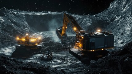 Excavation machinery operating on a lunar surface, showcasing space mining technology.