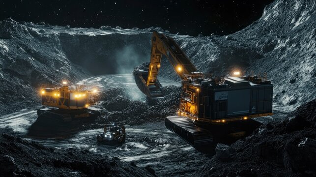 Excavation machinery operating on a lunar surface, showcasing space mining technology.