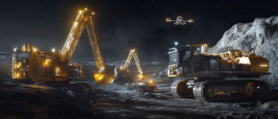 A futuristic lunar mining operation with heavy machinery and a drone.