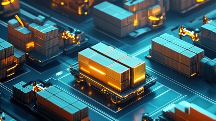 A futuristic warehouse scene with glowing cargo containers on automated transport systems.