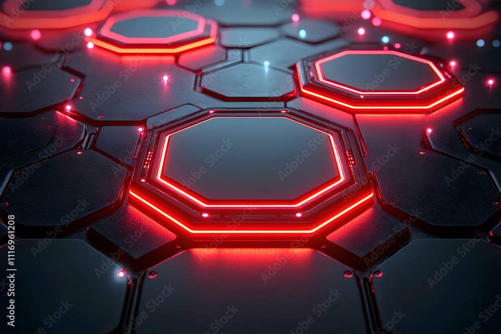 Poster abstract red neon hexagonal tech background.
